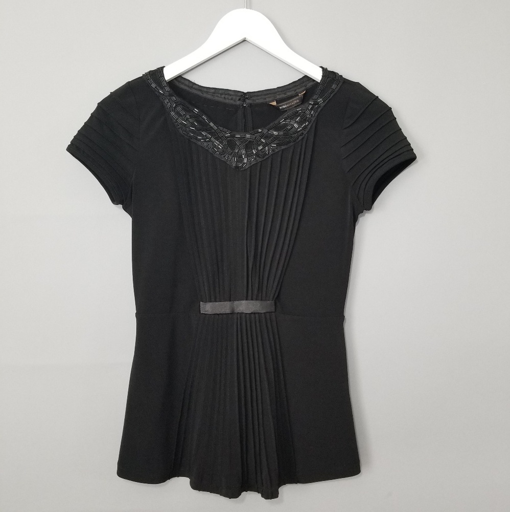 BCBGMAXAZRIA Black Beaded Cap Sleeve Blouse XXS